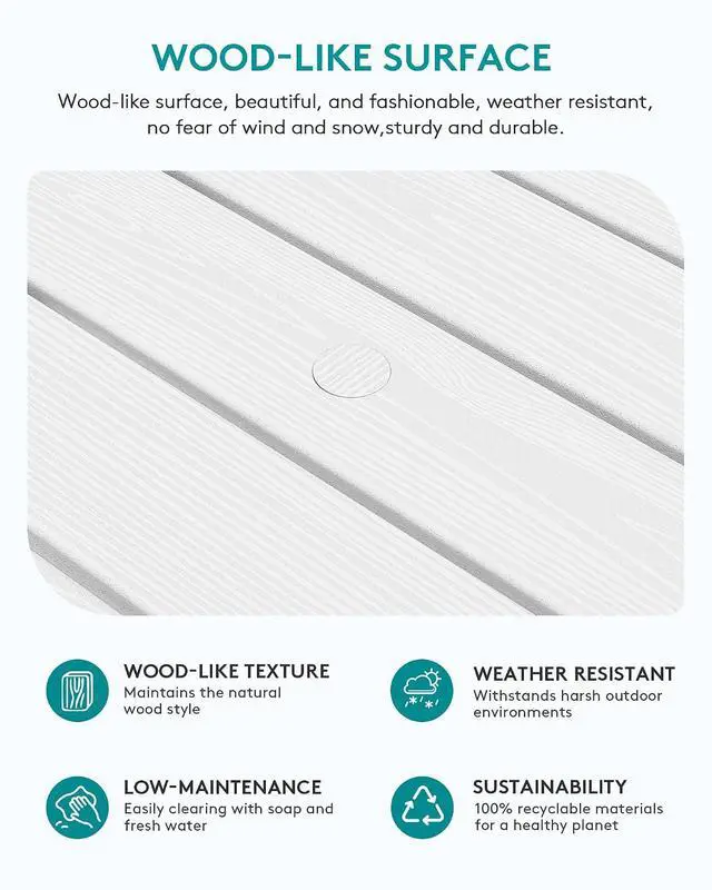 Alt view image 4 of 7 - Outdoor Coffee Table with 1.69" Umbrella Hole, HDPE Patio Coffee Table for Outside, Rectangle, White