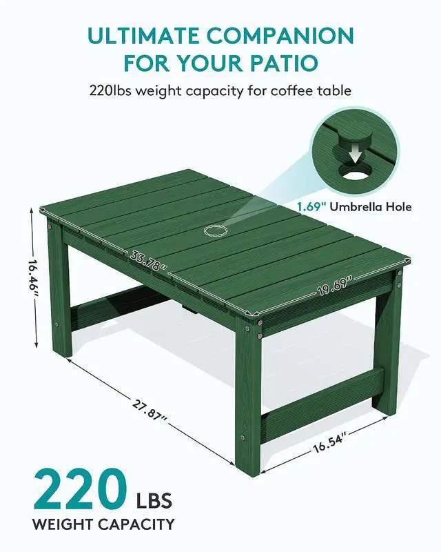 Alt view image 3 of 7 - Outdoor Coffee Table with 1.69" Umbrella Hole, HDPE Patio Coffee Table for Outside, Rectangle, Green