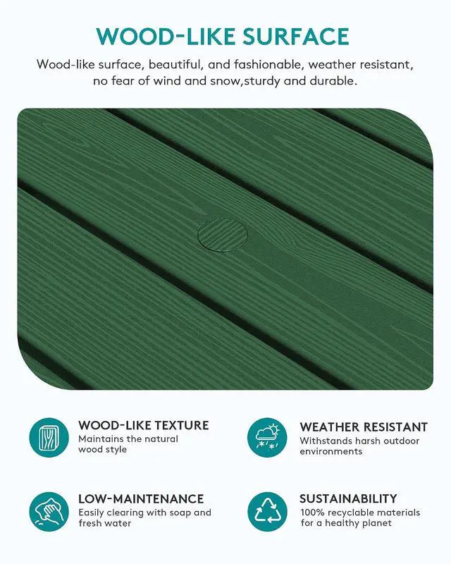 Alt view image 4 of 7 - Outdoor Coffee Table with 1.69" Umbrella Hole, HDPE Patio Coffee Table for Outside, Rectangle, Green