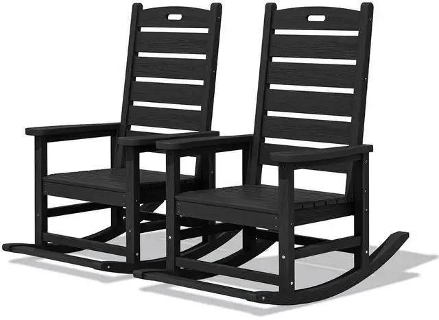 Main image of Outdoor Rocking Chair Set of 2, Oversized Rocking Chair with Footboard for Adults, HDPE All Weather Resistant Rocking Chairs for Patio, 350lbs Weight Capacity, Black