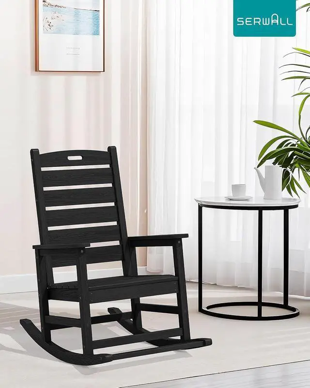 Alt view image 2 of 7 - Outdoor Rocking Chair Set of 2, Oversized Rocking Chair with Footboard for Adults, HDPE All Weather Resistant Rocking Chairs for Patio, 350lbs Weight Capacity, Black