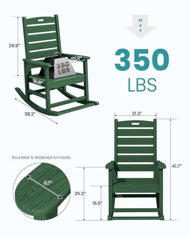 Alt view image 3 of 7 - Outdoor Rocking Chair, Oversized Rocking Chair with Footrest for Adults, HDPE All Weather Resistant Rocking Chairs for Patio, 350lbs Weight Capacity, Green