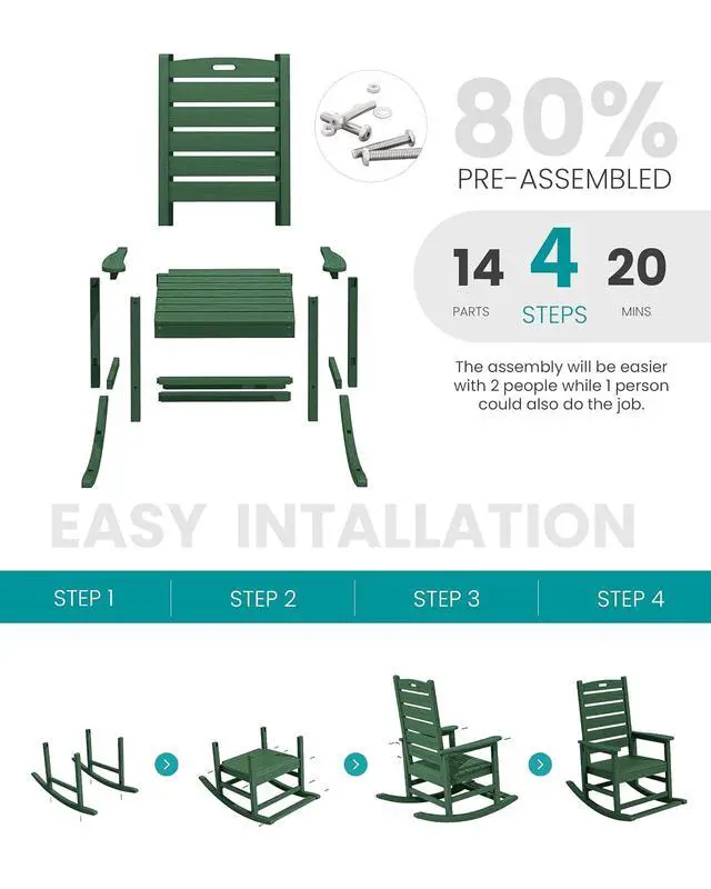 Alt view image 5 of 7 - Outdoor Rocking Chair, Oversized Rocking Chair with Footrest for Adults, HDPE All Weather Resistant Rocking Chairs for Patio, 350lbs Weight Capacity, Green