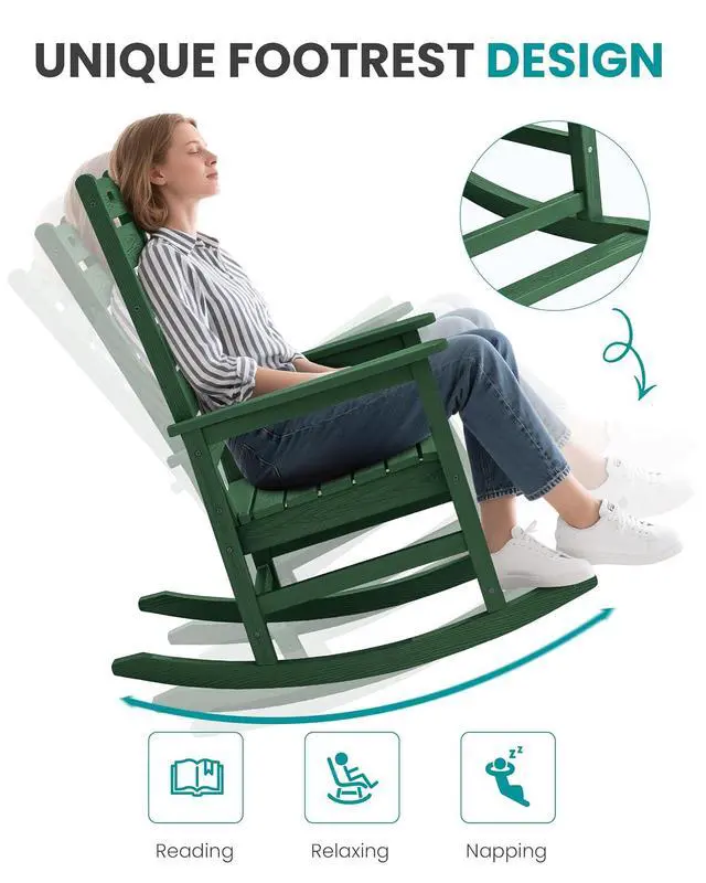 Alt view image 7 of 7 - Outdoor Rocking Chair, Oversized Rocking Chair with Footrest for Adults, HDPE All Weather Resistant Rocking Chairs for Patio, 350lbs Weight Capacity, Green