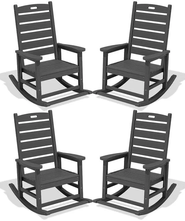 Main image of Outdoor Rocking Chair Set of 4, Oversized HDPE Patio Rocking Chair with Footrest for Adults, All Weather Porch Rocker for Deck Patio Balcony, Gray