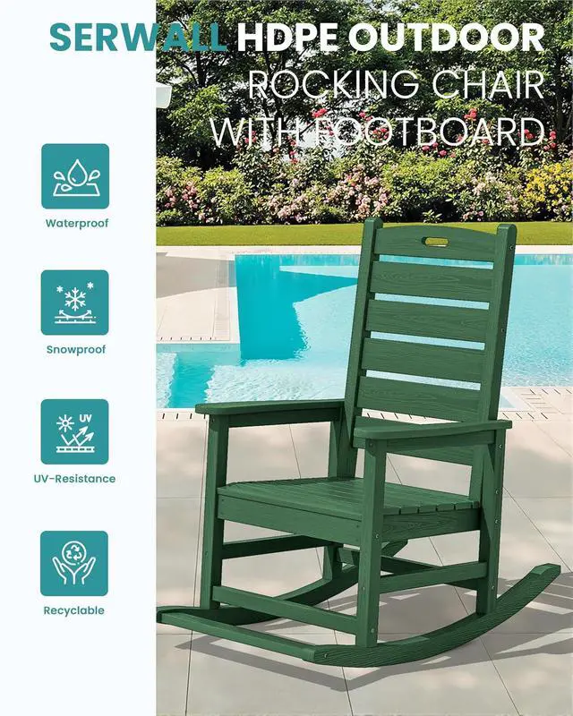 Alt view image 4 of 7 - Outdoor Rocking Chair, Oversized Rocking Chair with Footrest for Adults, HDPE All Weather Resistant Rocking Chairs for Patio, 350lbs Weight Capacity, Green