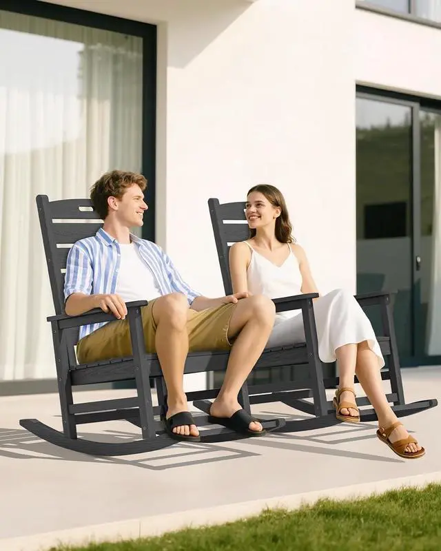 Alt view image 2 of 7 - Outdoor Rocking Chair, Oversized Rocking Chair with Footrest for Adults, HDPE All Weather Resistant Rocking Chairs for Patio, 350lbs Weight Capacity, Gray