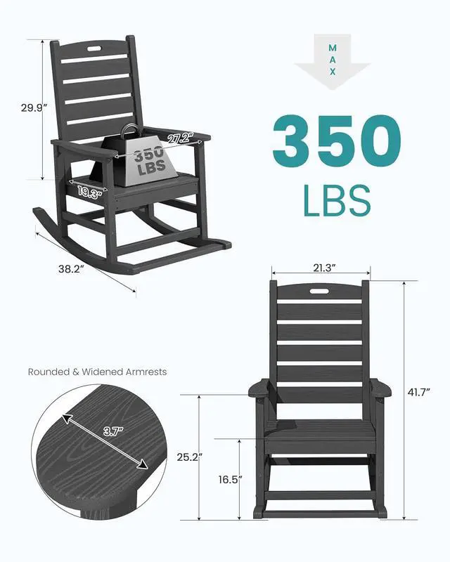 Alt view image 3 of 7 - Outdoor Rocking Chair, Oversized Rocking Chair with Footrest for Adults, HDPE All Weather Resistant Rocking Chairs for Patio, 350lbs Weight Capacity, Gray