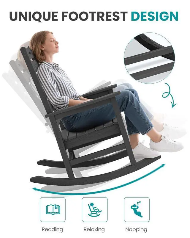 Alt view image 6 of 7 - Outdoor Rocking Chair, Oversized Rocking Chair with Footrest for Adults, HDPE All Weather Resistant Rocking Chairs for Patio, 350lbs Weight Capacity, Gray