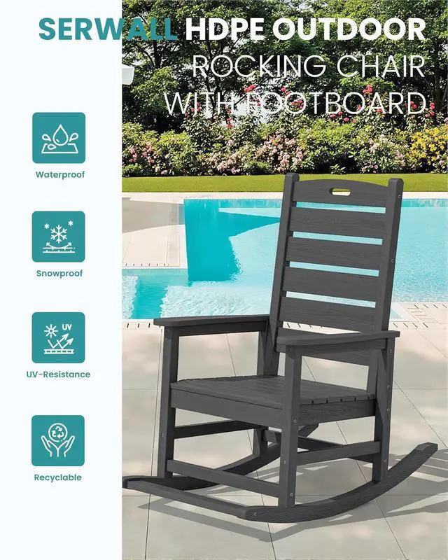 Alt view image 4 of 7 - Outdoor Rocking Chair, Oversized Rocking Chair with Footrest for Adults, HDPE All Weather Resistant Rocking Chairs for Patio, 350lbs Weight Capacity, Gray