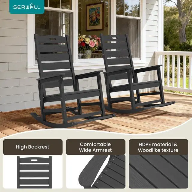 Alt view image 7 of 7 - Outdoor Rocking Chair, Oversized Rocking Chair with Footrest for Adults, HDPE All Weather Resistant Rocking Chairs for Patio, 350lbs Weight Capacity, Gray