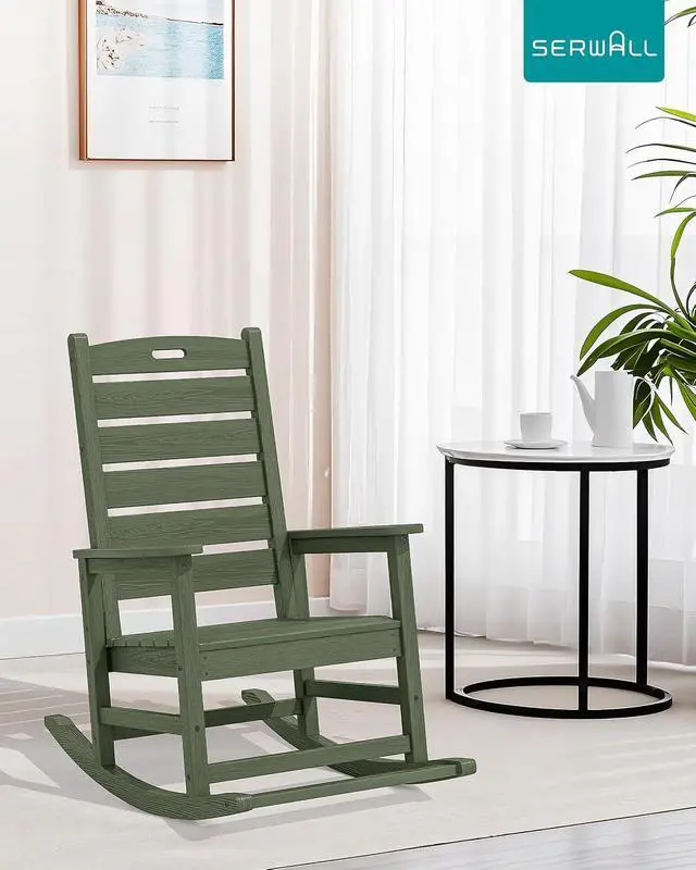 Alt view image 2 of 7 - Outdoor Rocking Chair, Oversized Rocking Chair with Footrest for Adults, HDPE All Weather Resistant Rocking Chairs for Patio, 350lbs Weight Capacity, Avocado Green