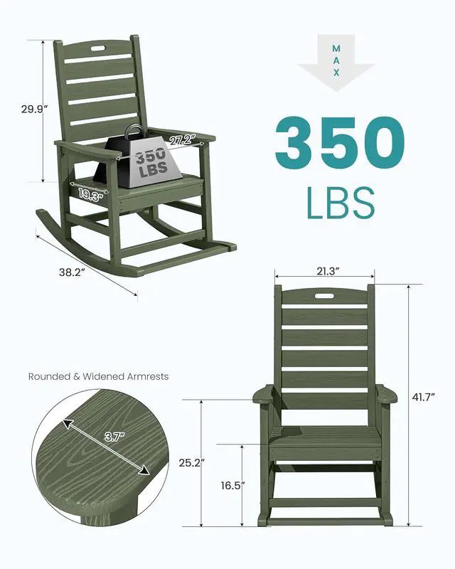 Alt view image 3 of 7 - Outdoor Rocking Chair, Oversized Rocking Chair with Footrest for Adults, HDPE All Weather Resistant Rocking Chairs for Patio, 350lbs Weight Capacity, Avocado Green