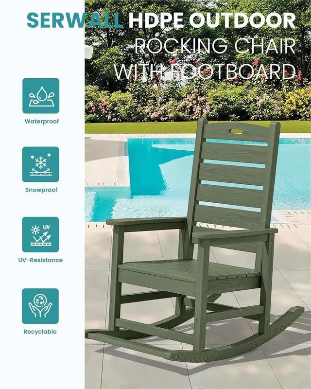 Alt view image 4 of 7 - Outdoor Rocking Chair, Oversized Rocking Chair with Footrest for Adults, HDPE All Weather Resistant Rocking Chairs for Patio, 350lbs Weight Capacity, Avocado Green