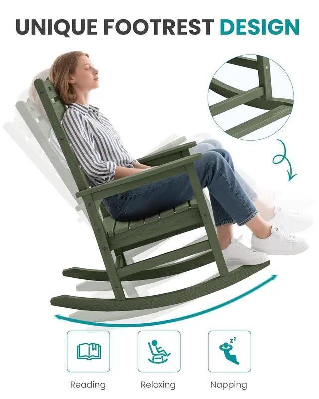 Alt view image 7 of 7 - Outdoor Rocking Chair, Oversized Rocking Chair with Footrest for Adults, HDPE All Weather Resistant Rocking Chairs for Patio, 350lbs Weight Capacity, Avocado Green