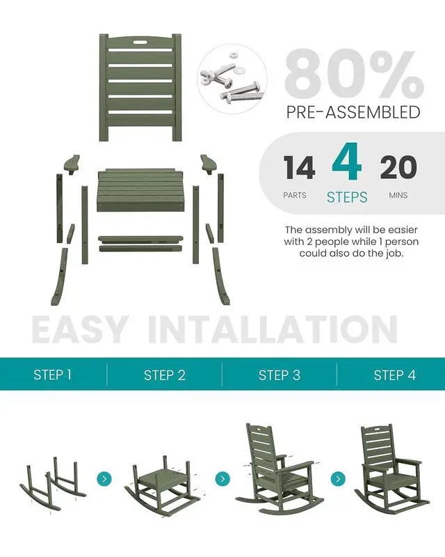 Alt view image 5 of 7 - Outdoor Rocking Chair, Oversized Rocking Chair with Footrest for Adults, HDPE All Weather Resistant Rocking Chairs for Patio, 350lbs Weight Capacity, Avocado Green