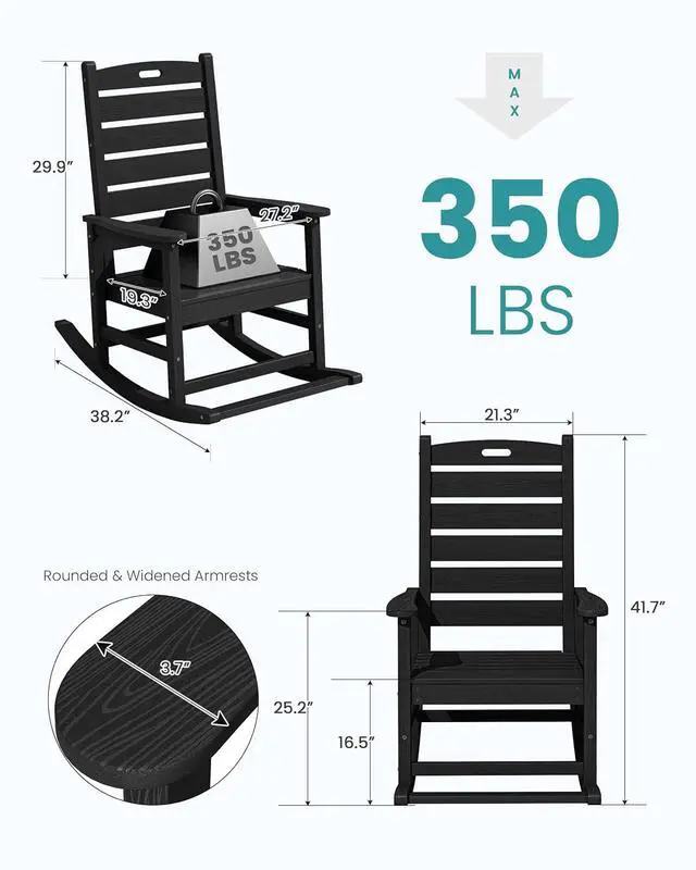 Alt view image 3 of 7 - Outdoor Rocking Chair Set of 2, Oversized Rocking Chair with Footboard for Adults, HDPE All Weather Resistant Rocking Chairs for Patio, 350lbs Weight Capacity, Black