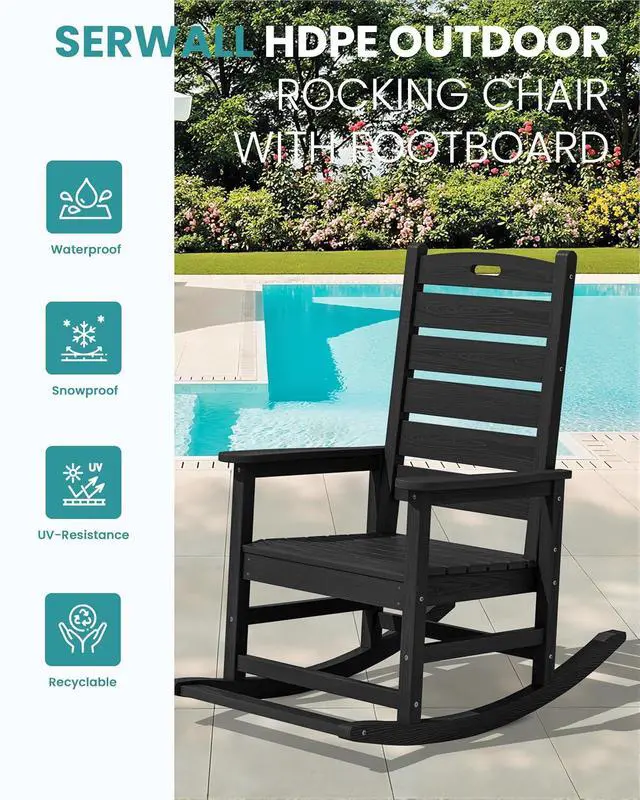 Alt view image 4 of 7 - Outdoor Rocking Chair Set of 2, Oversized Rocking Chair with Footboard for Adults, HDPE All Weather Resistant Rocking Chairs for Patio, 350lbs Weight Capacity, Black