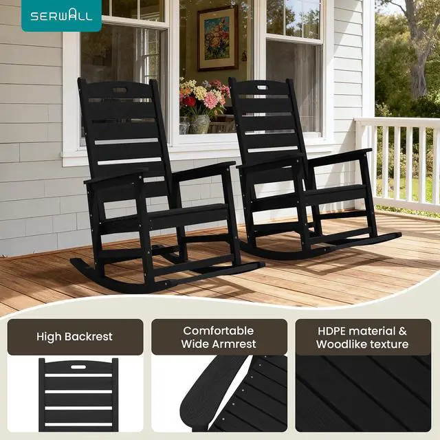 Alt view image 6 of 7 - Outdoor Rocking Chair Set of 2, Oversized Rocking Chair with Footboard for Adults, HDPE All Weather Resistant Rocking Chairs for Patio, 350lbs Weight Capacity, Black