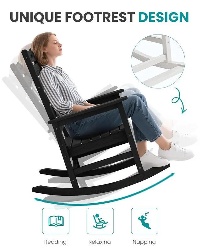 Alt view image 7 of 7 - Outdoor Rocking Chair Set of 2, Oversized Rocking Chair with Footboard for Adults, HDPE All Weather Resistant Rocking Chairs for Patio, 350lbs Weight Capacity, Black