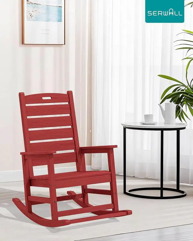 Alt view image 2 of 7 - Outdoor Rocking Chair, Oversized Rocking Chair with Footrest for Adults, HDPE All Weather Resistant Rocking Chairs for Patio, 350lbs Weight Capacity, Red