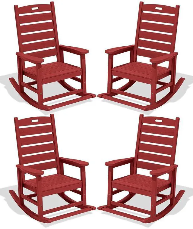 Main image of Outdoor Rocking Chair Set of 4, Oversized HDPE Patio Rocking Chair with Footrest for Adults, All Weather Porch Rocker for Deck Patio Balcony, Red