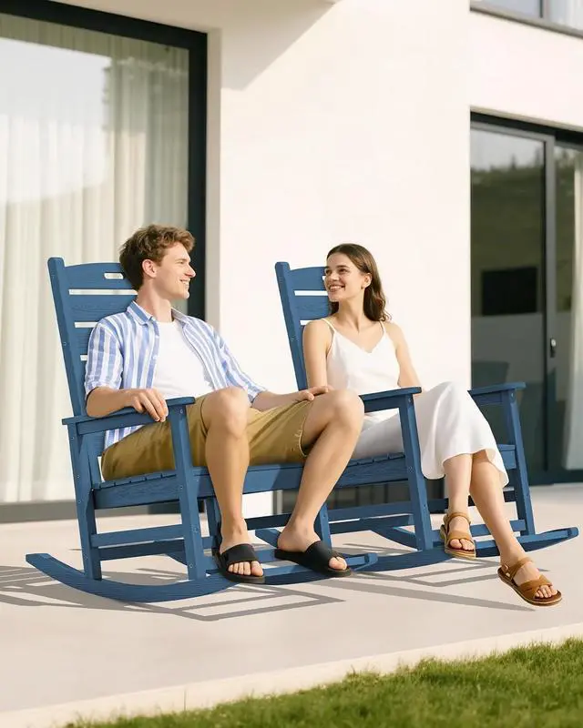 Alt view image 2 of 7 - Oversized Outdoor Rocking Chair, HDPE Patio Rocking Chair with Footrest for Adults, All Weather Porch Rocker for Deck Patio Balcony, Navy