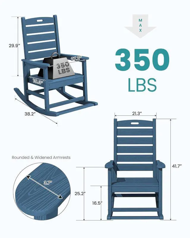 Alt view image 3 of 7 - Oversized Outdoor Rocking Chair, HDPE Patio Rocking Chair with Footrest for Adults, All Weather Porch Rocker for Deck Patio Balcony, Navy