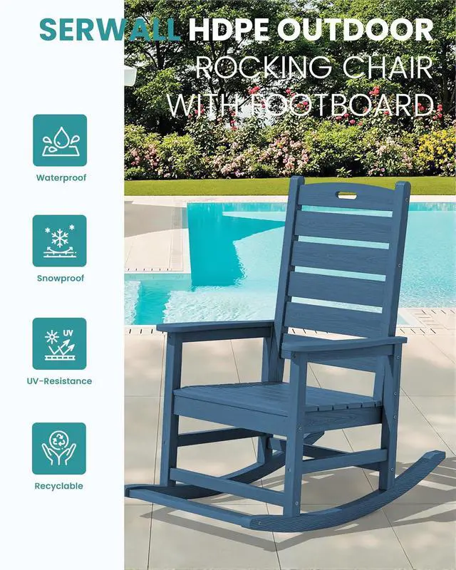 Alt view image 4 of 7 - Oversized Outdoor Rocking Chair, HDPE Patio Rocking Chair with Footrest for Adults, All Weather Porch Rocker for Deck Patio Balcony, Navy