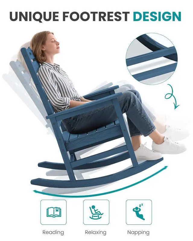 Alt view image 7 of 7 - Oversized Outdoor Rocking Chair, HDPE Patio Rocking Chair with Footrest for Adults, All Weather Porch Rocker for Deck Patio Balcony, Navy