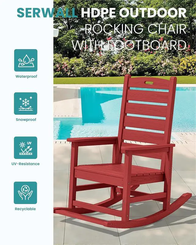 Alt view image 4 of 7 - Outdoor Rocking Chair, Oversized Rocking Chair with Footrest for Adults, HDPE All Weather Resistant Rocking Chairs for Patio, 350lbs Weight Capacity, Red