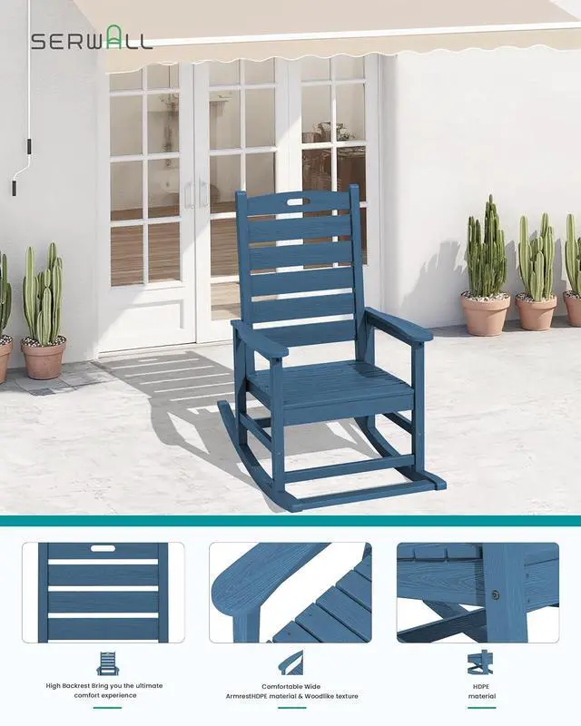 Alt view image 6 of 7 - Outdoor Rocking Chair Set of 2, Oversized Rocking Chair with Footboard for Adults, HDPE All Weather Resistant Rocking Chairs for Patio, 350lbs Weight Capacity, Navy