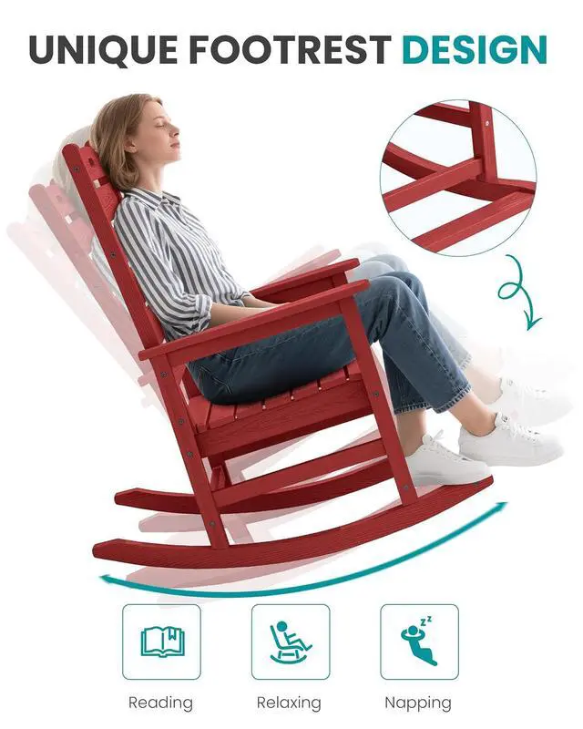 Alt view image 7 of 7 - Outdoor Rocking Chair, Oversized Rocking Chair with Footrest for Adults, HDPE All Weather Resistant Rocking Chairs for Patio, 350lbs Weight Capacity, Red