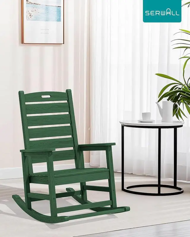 Alt view image 2 of 7 - Outdoor Rocking Chair, Oversized Rocking Chair with Footrest for Adults, HDPE All Weather Resistant Rocking Chairs for Patio, 350lbs Weight Capacity, Green
