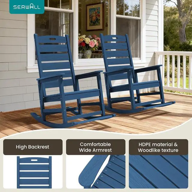 Alt view image 5 of 7 - Oversized Outdoor Rocking Chair, HDPE Patio Rocking Chair with Footrest for Adults, All Weather Porch Rocker for Deck Patio Balcony, Navy