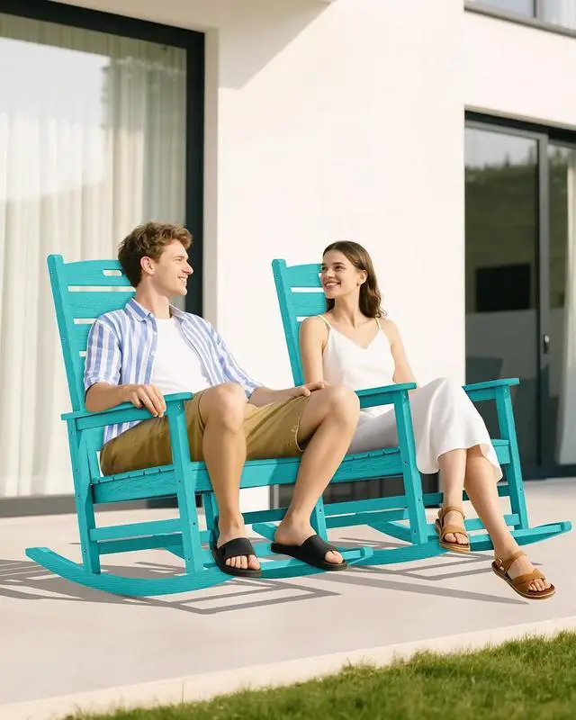 Alt view image 2 of 7 - Outdoor Rocking Chair Set of 2, Oversized HDPE Patio Rocking Chair with Footrest for Adults, All Weather Porch Rocker for Deck Patio Balcony, Aruba