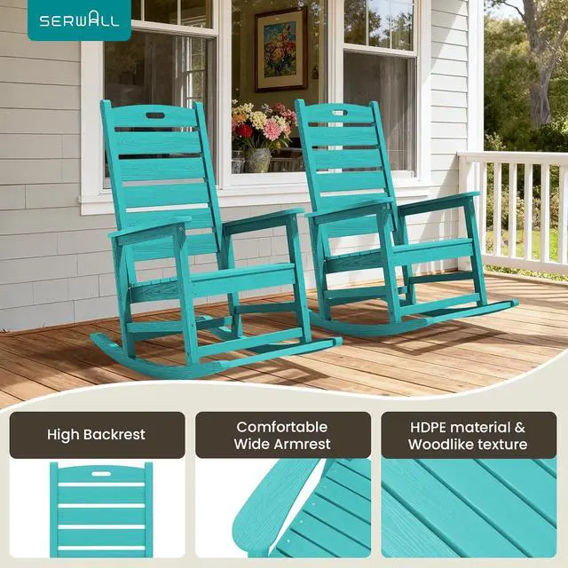 Alt view image 7 of 7 - Outdoor Rocking Chair Set of 2, Oversized HDPE Patio Rocking Chair with Footrest for Adults, All Weather Porch Rocker for Deck Patio Balcony, Aruba