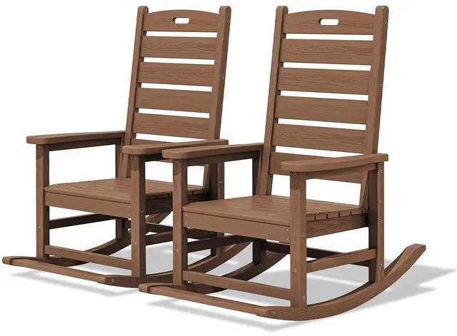 Main image of Outdoor Rocking Chair Set of 2, Oversized Rocking Chair with Footboard for Adults, HDPE All Weather Resistant Rocking Chairs for Patio, 350lbs Weight Capacity, Brown