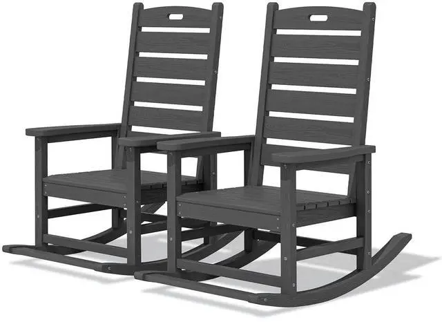 Main image of Outdoor Rocking Chair Set of 2, Oversized Rocking Chair with Footboard for Adults, HDPE All Weather Resistant Rocking Chairs for Patio, 350lbs Weight Capacity, Gray