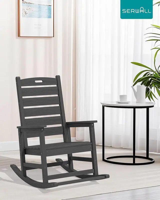 Alt view image 2 of 7 - Outdoor Rocking Chair Set of 2, Oversized Rocking Chair with Footboard for Adults, HDPE All Weather Resistant Rocking Chairs for Patio, 350lbs Weight Capacity, Gray
