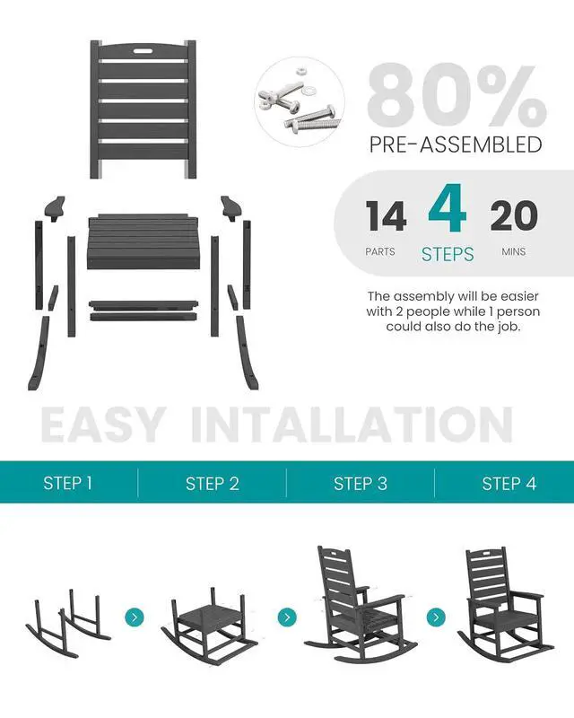 Alt view image 7 of 7 - Outdoor Rocking Chair Set of 2, Oversized Rocking Chair with Footboard for Adults, HDPE All Weather Resistant Rocking Chairs for Patio, 350lbs Weight Capacity, Gray