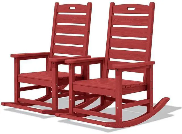 Main image of Outdoor Rocking Chair Set of 2, Oversized Rocking Chair with Footboard for Adults, HDPE All Weather Resistant Rocking Chairs for Patio, 350lbs Weight Capacity,Red