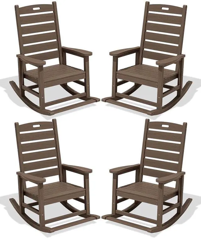 Main image of Outdoor Rocking Chair Set of 4, Oversized HDPE Patio Rocking Chair with Footrest for Adults, All Weather Porch Rocker for Deck Patio Balcony, Coffee