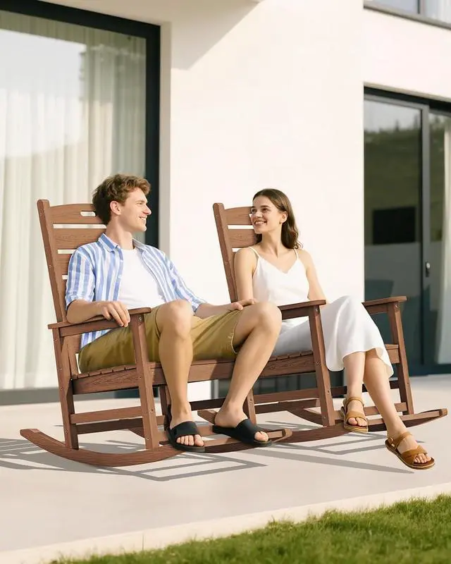Alt view image 2 of 7 - Outdoor Rocking Chair, Oversized Rocking Chair with Footrest for Adults, HDPE All Weather Resistant Rocking Chairs for Patio, 350lbs Weight Capacity, Brown