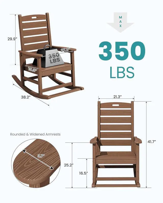 Alt view image 3 of 7 - Outdoor Rocking Chair, Oversized Rocking Chair with Footrest for Adults, HDPE All Weather Resistant Rocking Chairs for Patio, 350lbs Weight Capacity, Brown