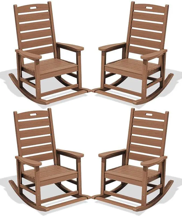 Main image of Outdoor Rocking Chair Set of 4, Oversized HDPE Patio Rocking Chair with Footrest for Adults, All Weather Porch Rocker for Deck Patio Balcony, Brown