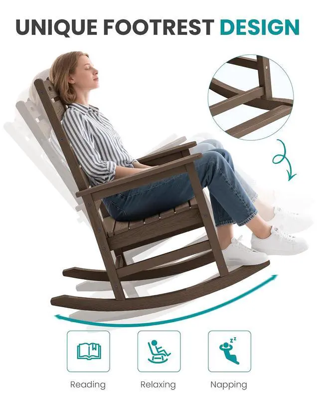 Alt view image 7 of 7 - Outdoor Rocking Chair Set of 4, Oversized HDPE Patio Rocking Chair with Footrest for Adults, All Weather Porch Rocker for Deck Patio Balcony, Coffee