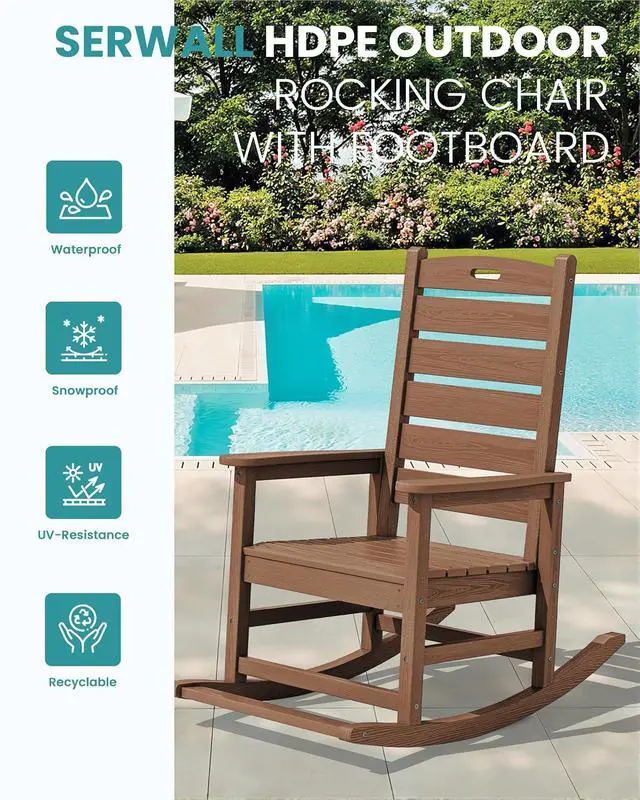 Alt view image 4 of 7 - Outdoor Rocking Chair, Oversized Rocking Chair with Footrest for Adults, HDPE All Weather Resistant Rocking Chairs for Patio, 350lbs Weight Capacity, Brown