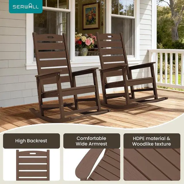 Alt view image 6 of 7 - Outdoor Rocking Chair, Oversized Rocking Chair with Footrest for Adults, HDPE All Weather Resistant Rocking Chairs for Patio, 350lbs Weight Capacity, Brown
