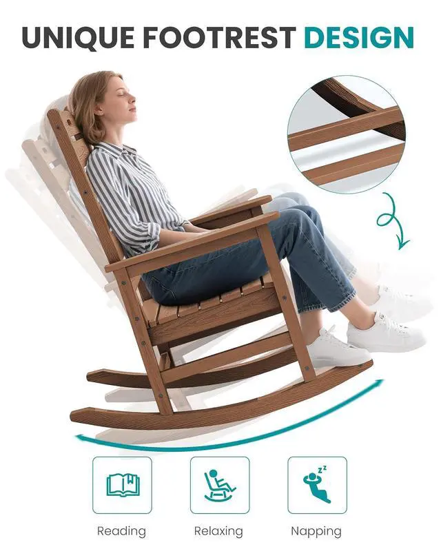 Alt view image 7 of 7 - Outdoor Rocking Chair, Oversized Rocking Chair with Footrest for Adults, HDPE All Weather Resistant Rocking Chairs for Patio, 350lbs Weight Capacity, Brown